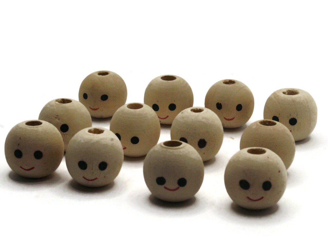 12 18mm Round Smiling Face Doll Head Natural Wooden Large Hole Beads